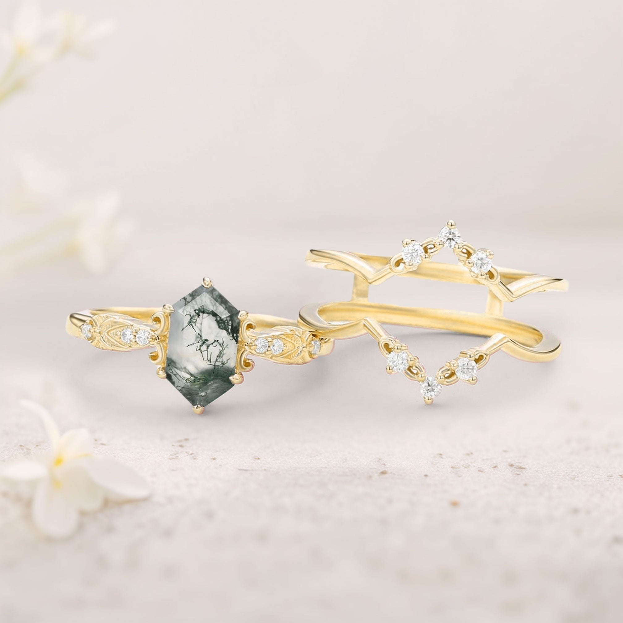 Vintage floral engagement rings Long Hexagon Moss Agate 18K Yellow Gold Wedding Ring Set
