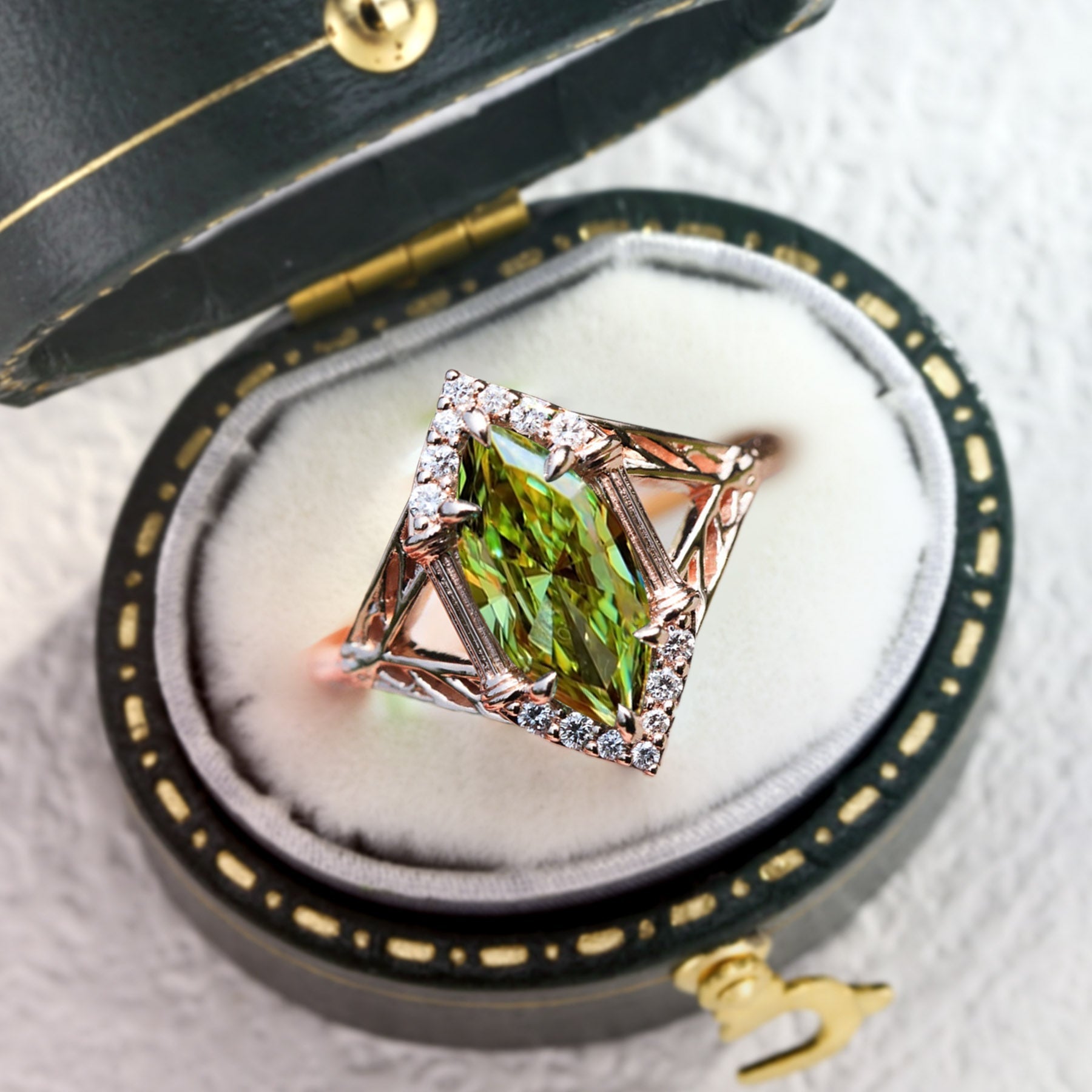 Unique Marquise Green Lab Sapphire Ring - Orlina Jewelry