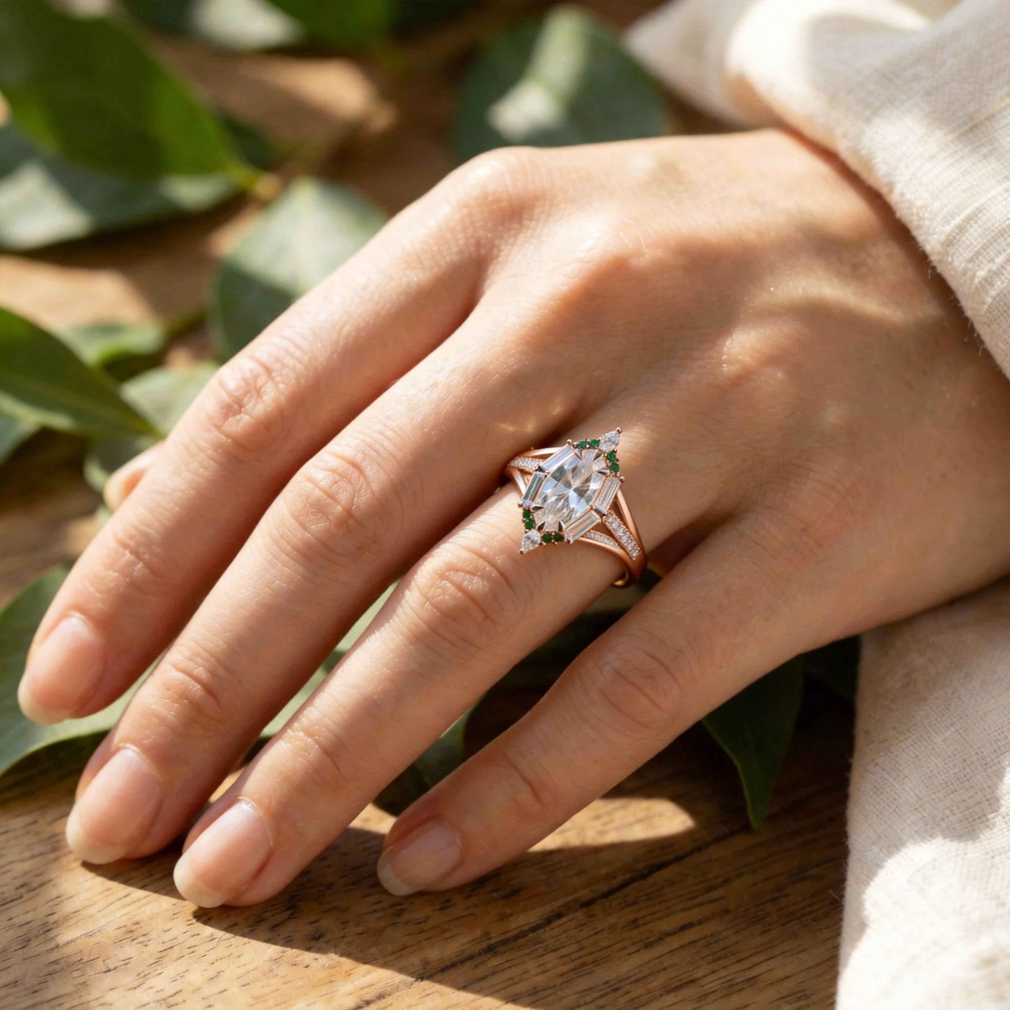 Unique Marquise Moissanite and Green Lab Sapphire Engagement Ring - Orlina Jewelry