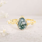 Unique floral engagement rings Pear Moss Agate 18K Yellow Gold Engagement Ring Branching Bridal Ring