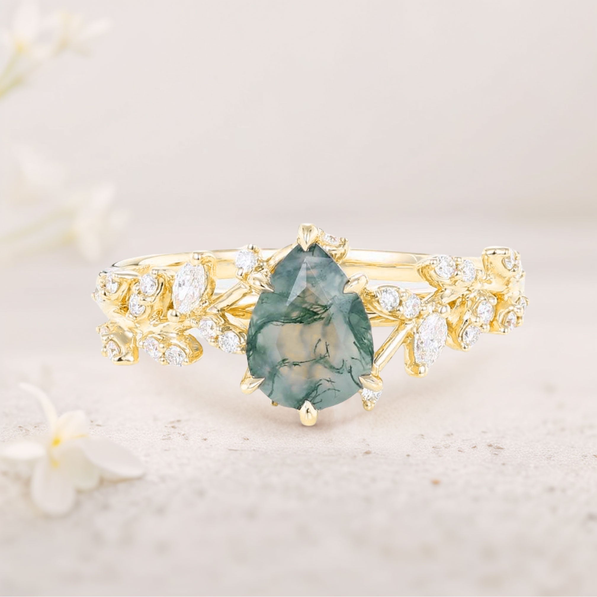 Unique floral engagement ringsPear Moss Agate Leaf 18K Yellow Gold Engagement Ring Mystical Garden Bridal Ring Promise Ring