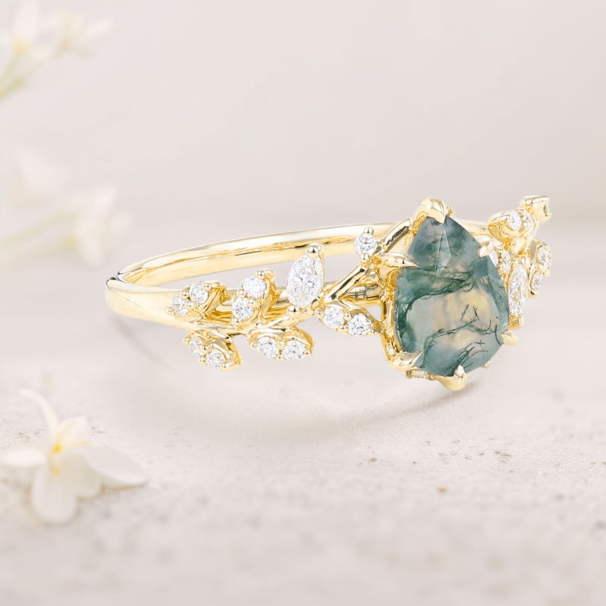 Unique floral engagement ringsPear Moss Agate Leaf 18K Yellow Gold Engagement Ring Mystical Garden Bridal Ring Promise Ring