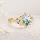 Unique floral engagement rings Oval Moss Agate Fairy 18K Yellow Gold Engagement Ring Art Deco Blue Topaz Cluster Wedding Ring