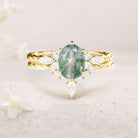 Vintage Oval Moss Agate Twisted 18K Yellow Gold Engagement Ring With Curved Wedding Ring Set