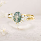 Vintage Oval Moss Agate Twisted 18K Yellow Gold Engagement Ring With Curved Wedding Ring Set