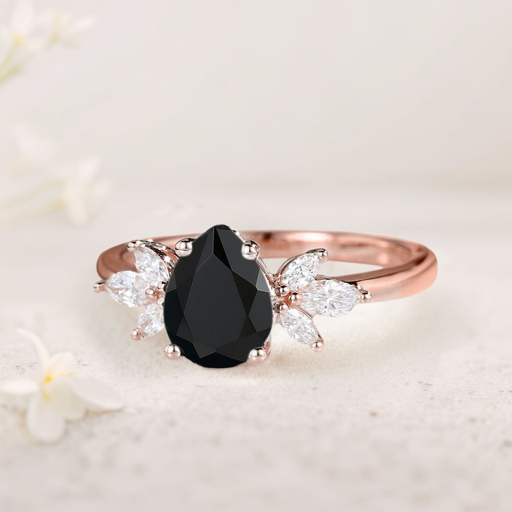 Unique Pear Black Onyx 18K Rose Gold Engagement Ring Simple Cluster Bridal Ring