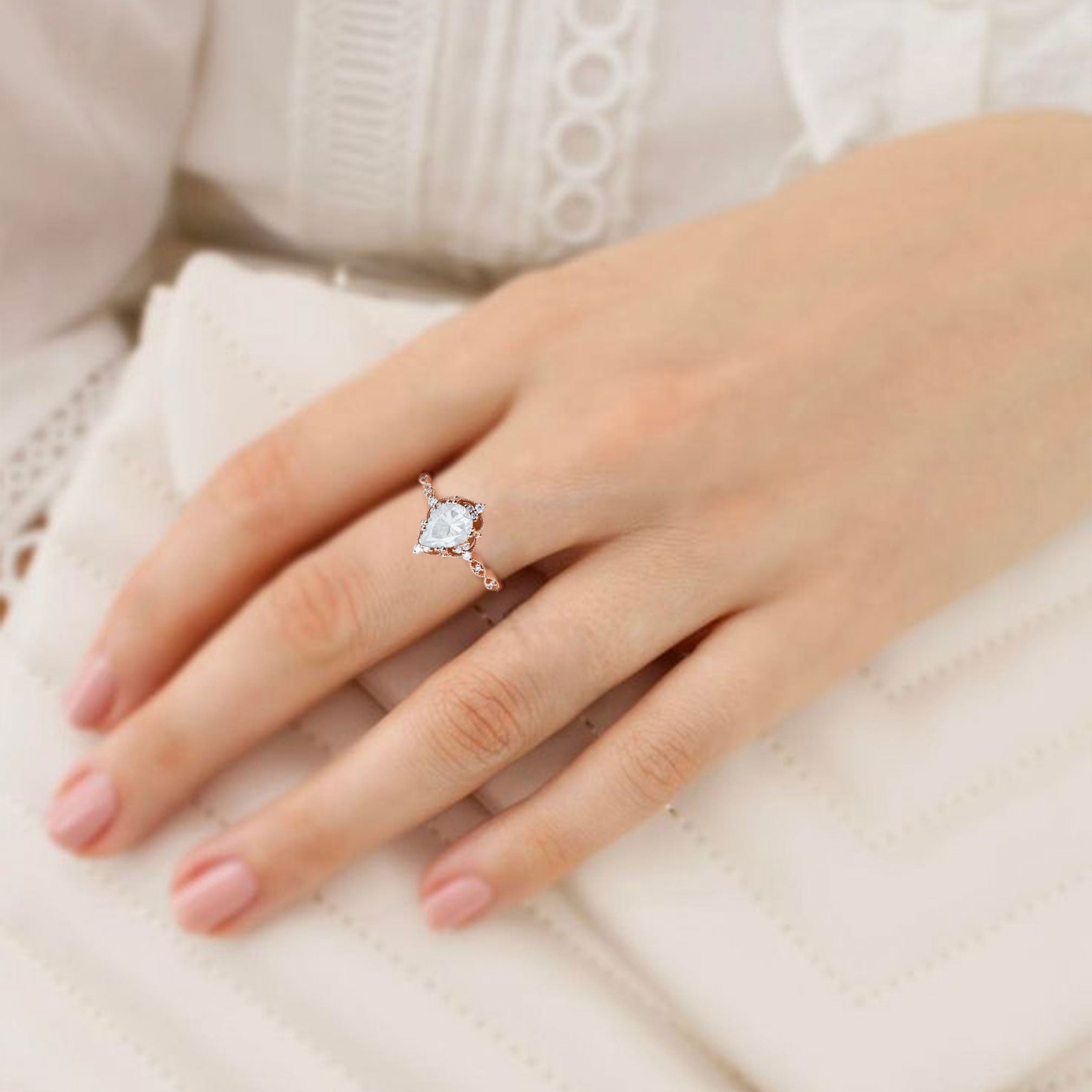 Vintage Pear Moissanite 18K Rose Gold Engagement Ring Bridal Ring