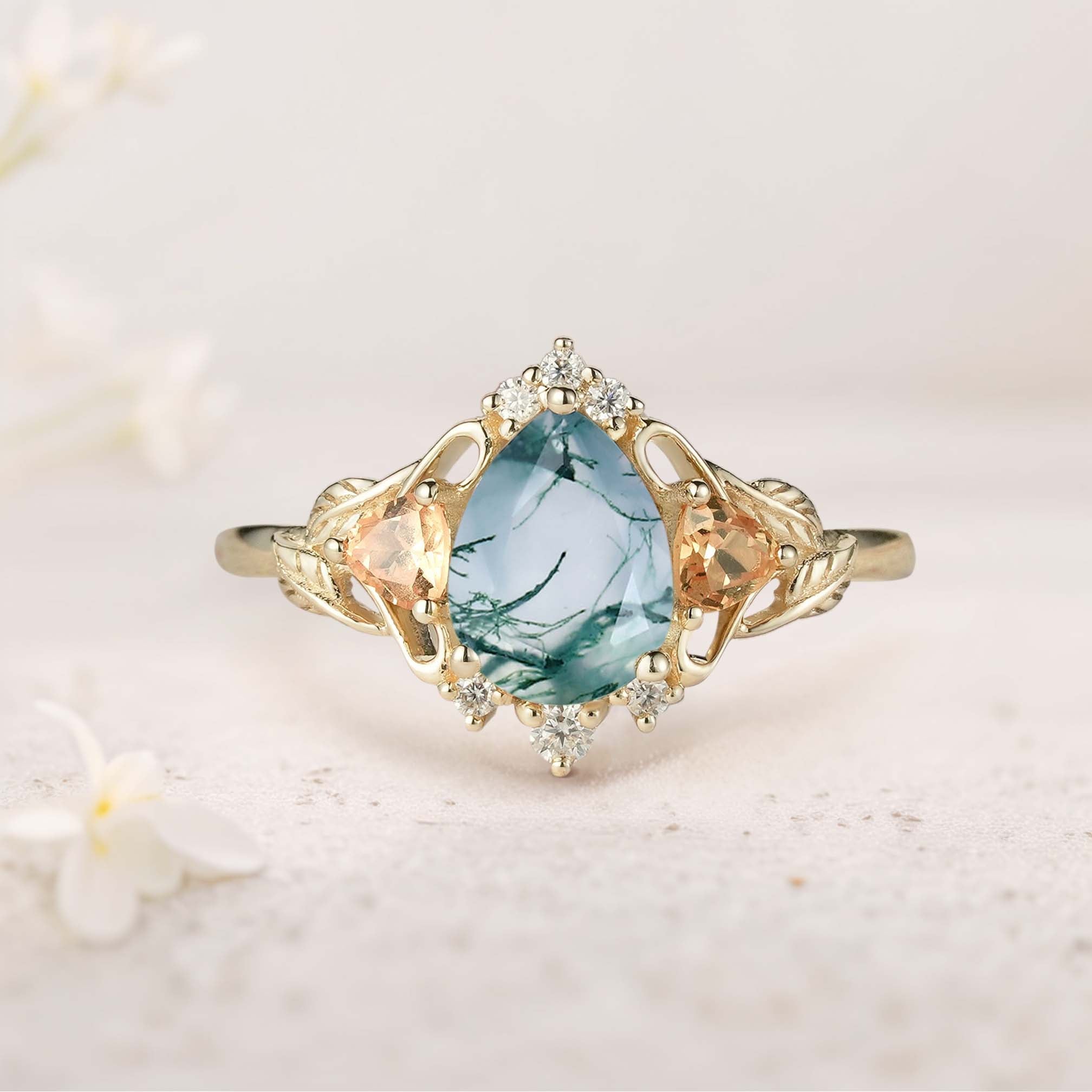 Unique Pear Moss Agate Leaf Ring 18K Yellow Gold Engagement Ring
