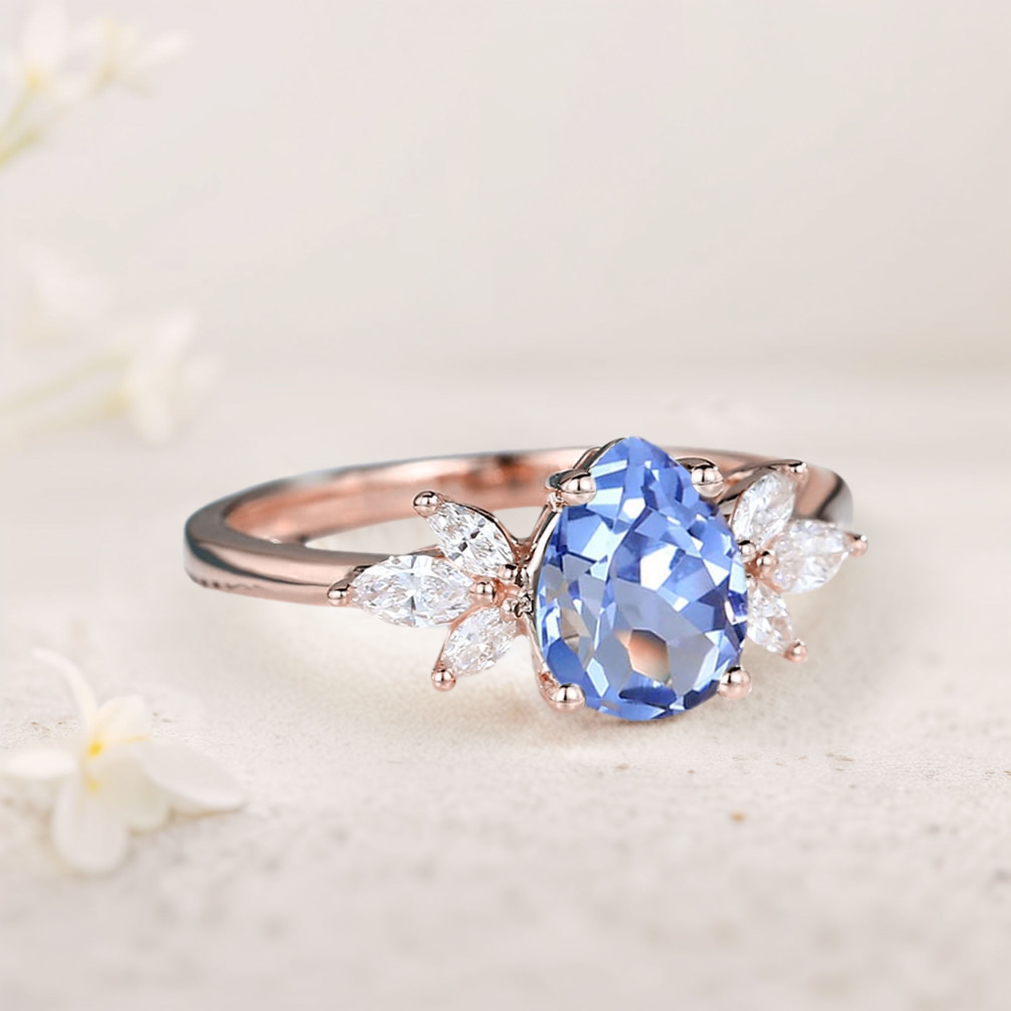Unique Pear Lab Sapphire 18K Rose Gold Engagement Ring Simple Cluster Bridal Ring