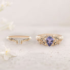 Unique floral engagement rings Pear Purple Lab Tanzanite 18K Yellow Gold engagement ring with Moissanite wedding Set