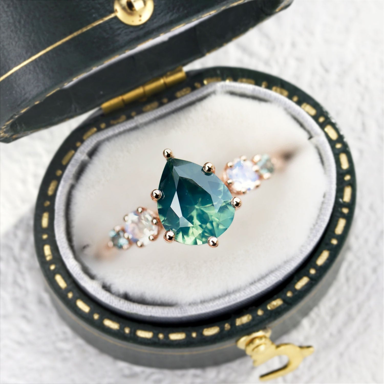 Unique Teal Pear Sapphire and Moissanite Engagement Ring - Orlina Jewelry
