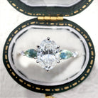 Vintage Five Stone Oval Moissanite and Teal Sapphire 14k white gold Engagement Ring