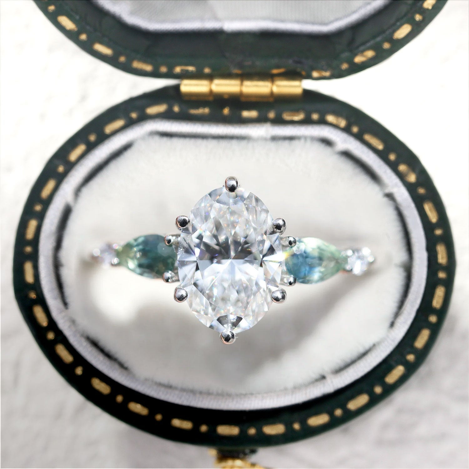 Vintage Five Stone Oval Moissanite and Teal Sapphire 14k white gold Engagement Ring