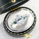 Vintage Five Stone Oval Moissanite and Teal Sapphire 14k white gold Engagement Ring