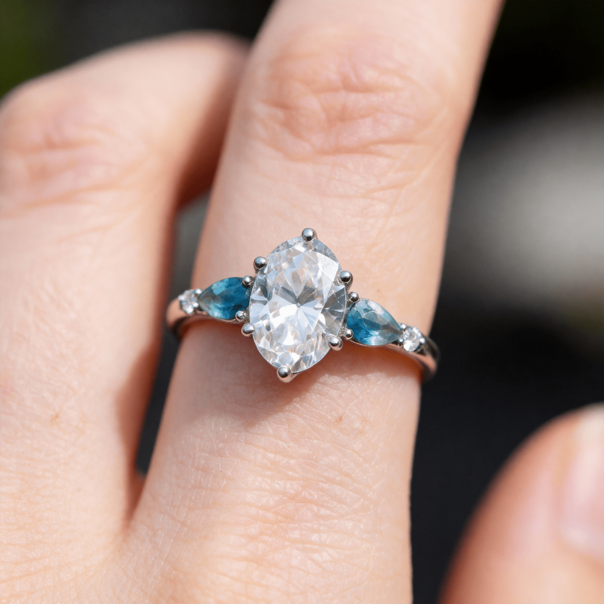 Vintage Five Stone Oval Moissanite and Teal Sapphire 14k white gold Engagement Ring