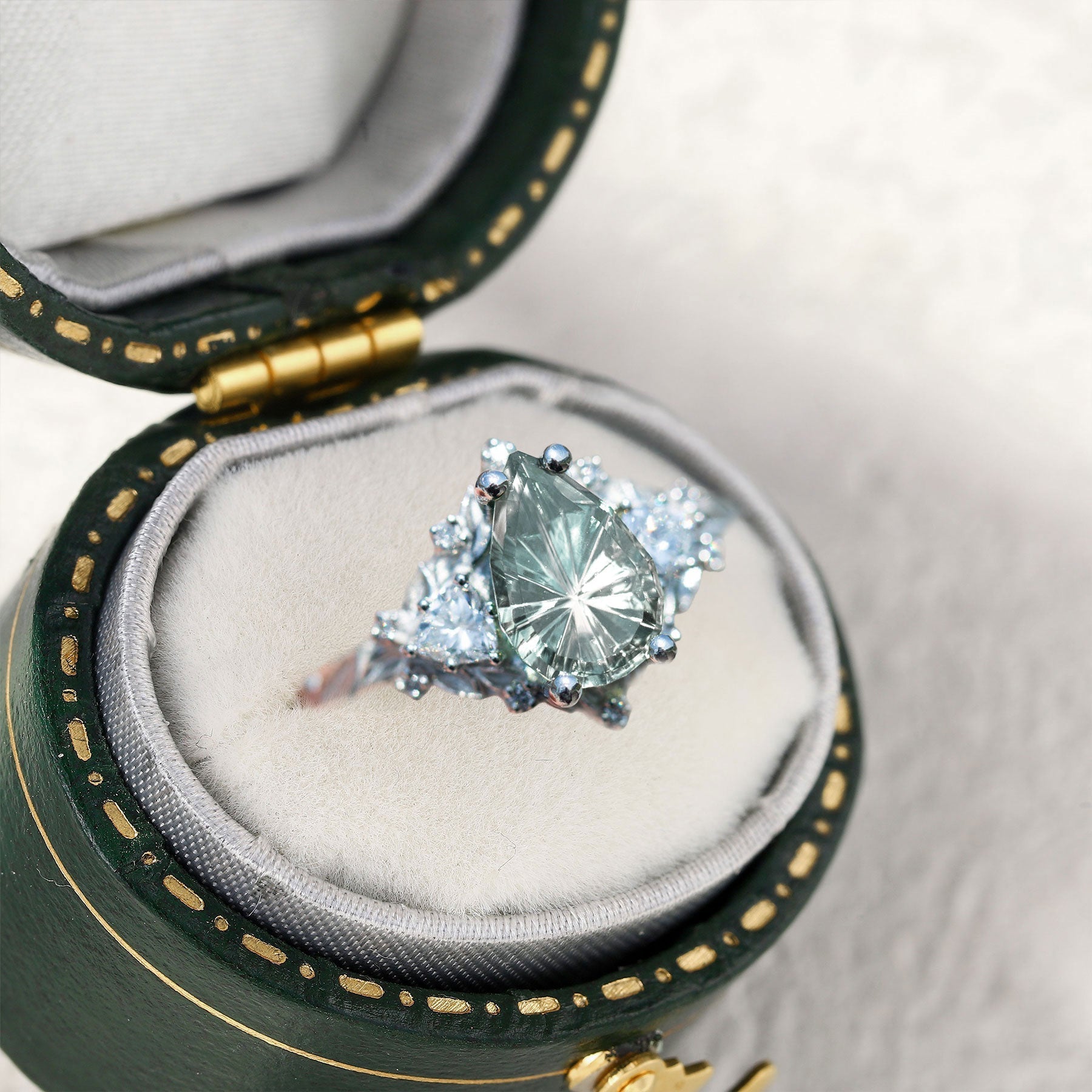 Vintage Briar Rose Starlight Pear Light Green Lab Sapphire Ring - Orlina Jewelry