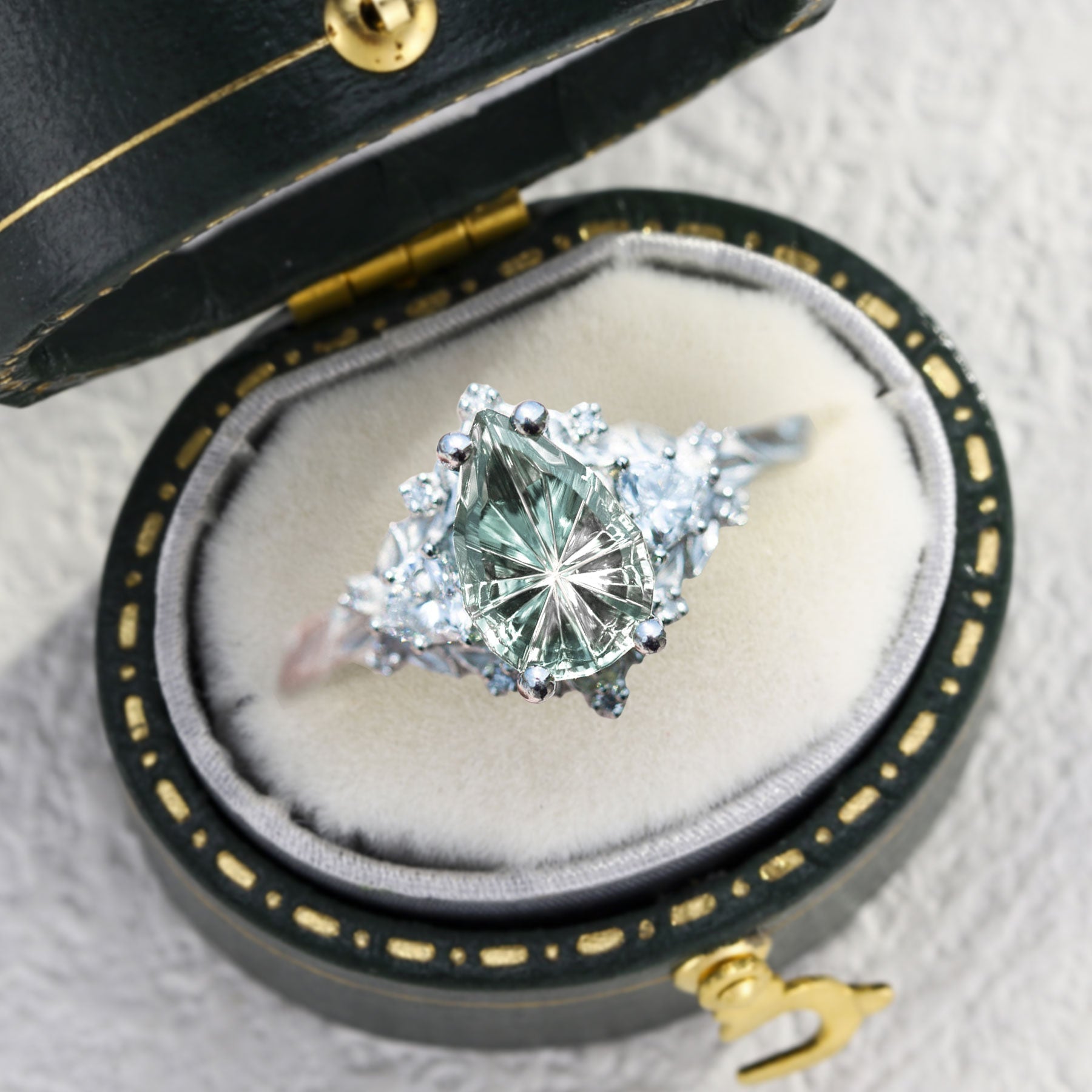 Vintage Briar Rose Starlight Pear Light Green Lab Sapphire Ring - Orlina Jewelry