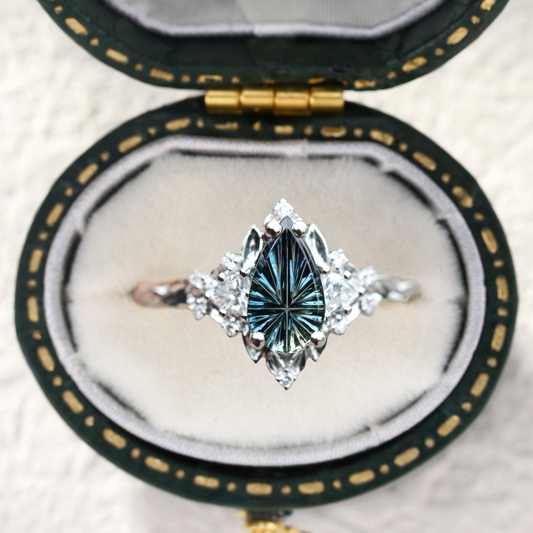 Vintage Briar Rose Starlight Pear Shaped Teal Lab Sapphire Ring - Orlina Jewelry
