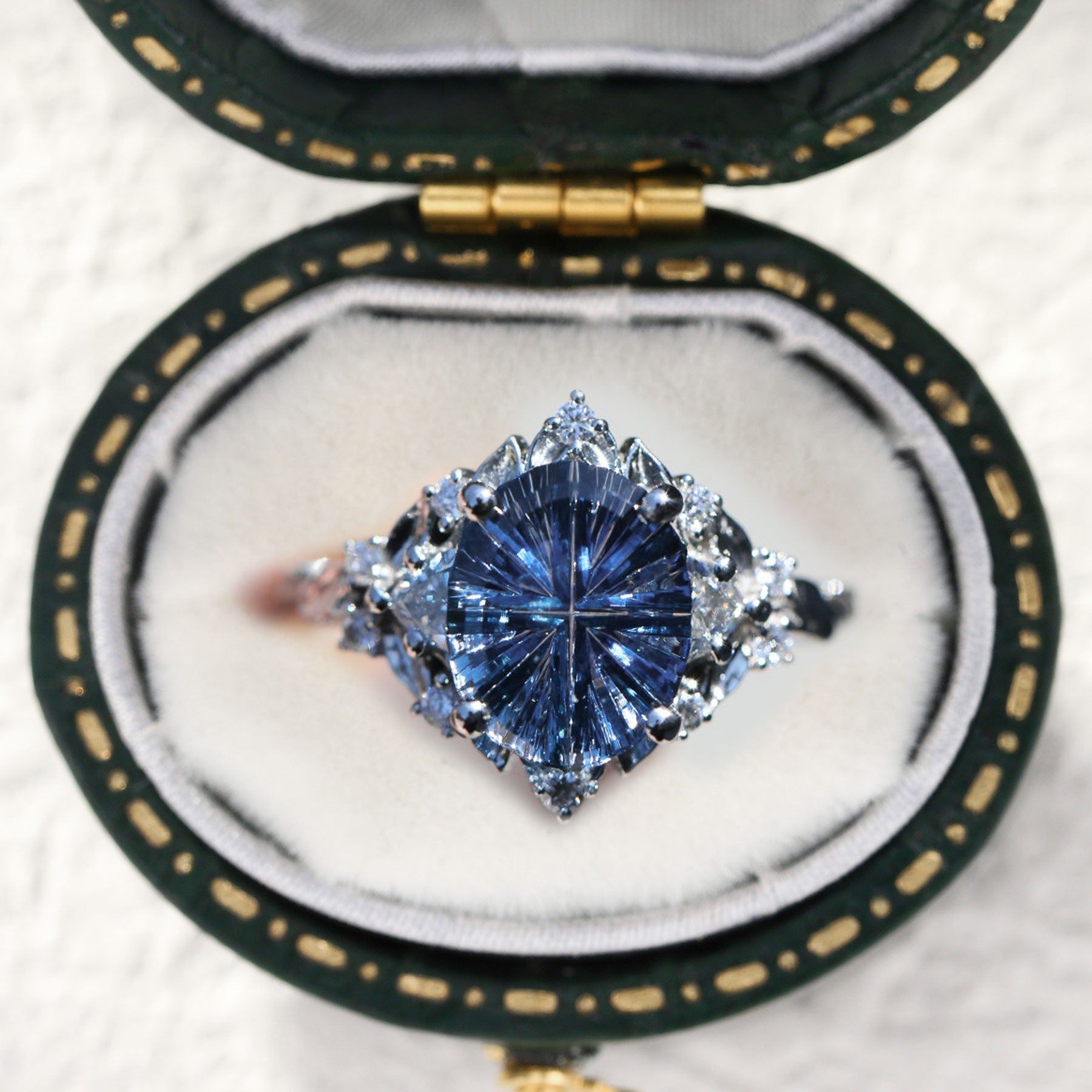 Vintage Briar Rose Starlight Three Stone Oval Blue Lab Sapphire Ring - Orlina Jewelry