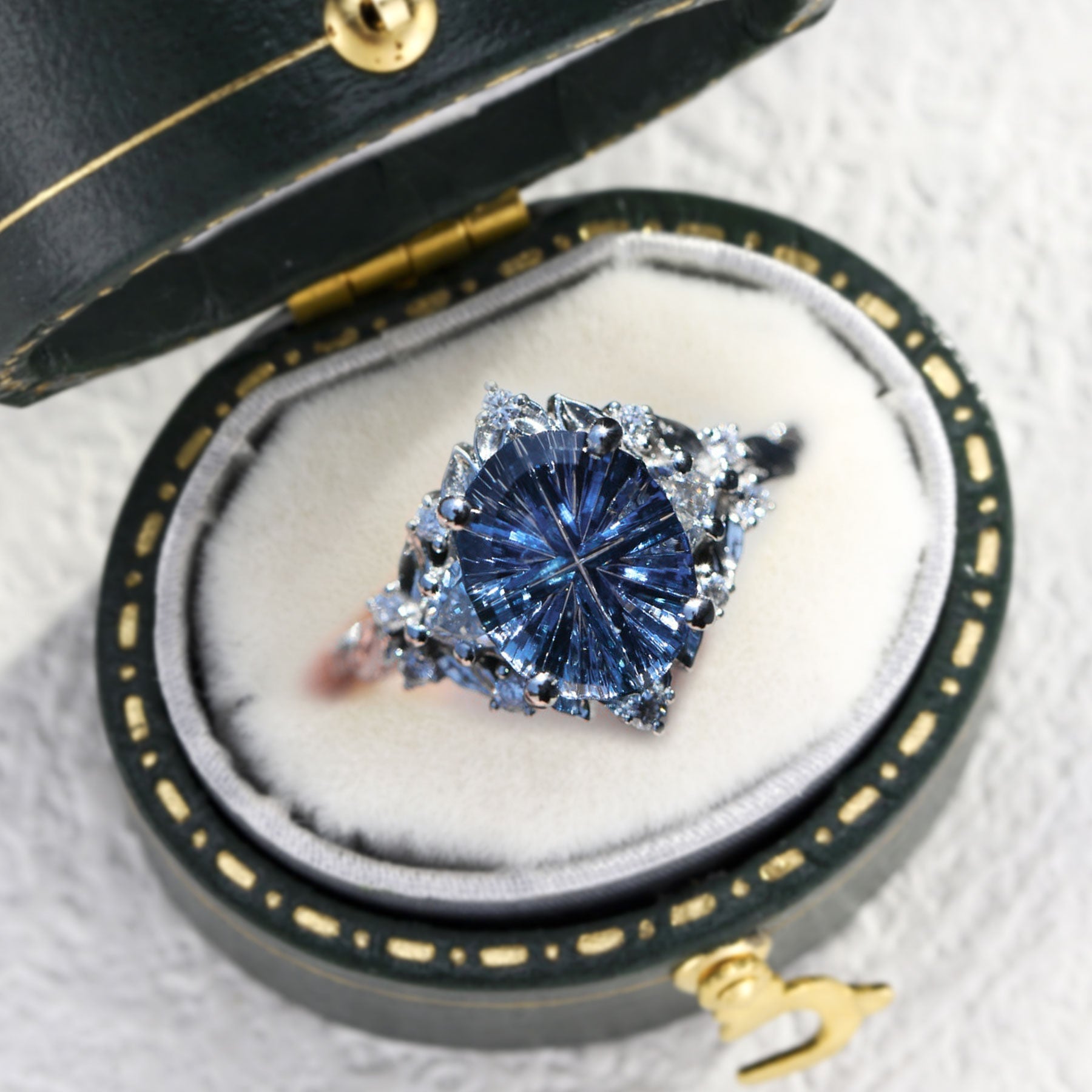 Vintage Briar Rose Starlight Three Stone Oval Blue Lab Sapphire Ring - Orlina Jewelry
