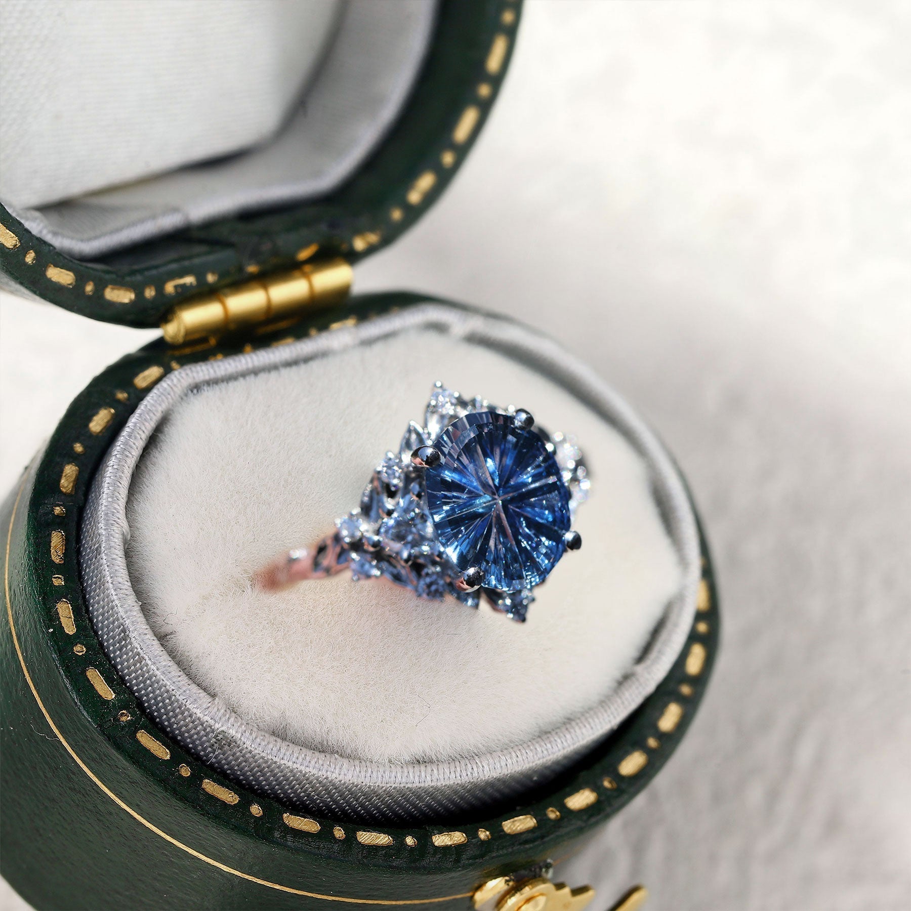Vintage Briar Rose Starlight Three Stone Oval Blue Lab Sapphire Ring - Orlina Jewelry