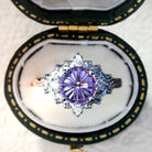 Vintage Briar Rose Starlight Three Stone Round Purple Lab Sapphire Ring - Orlina Jewelry
