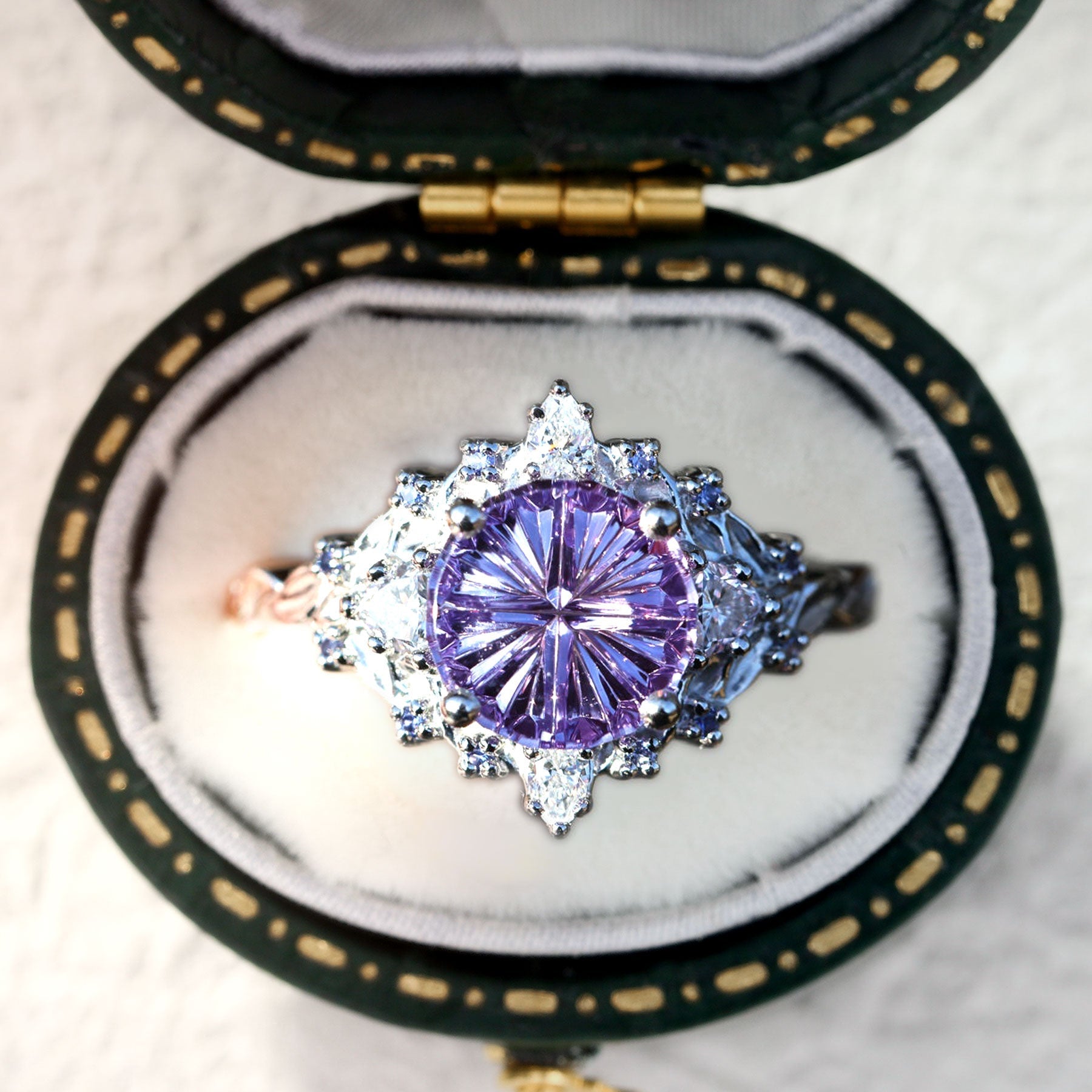 Vintage Briar Rose Starlight Three Stone Round Purple Lab Sapphire Ring - Orlina Jewelry