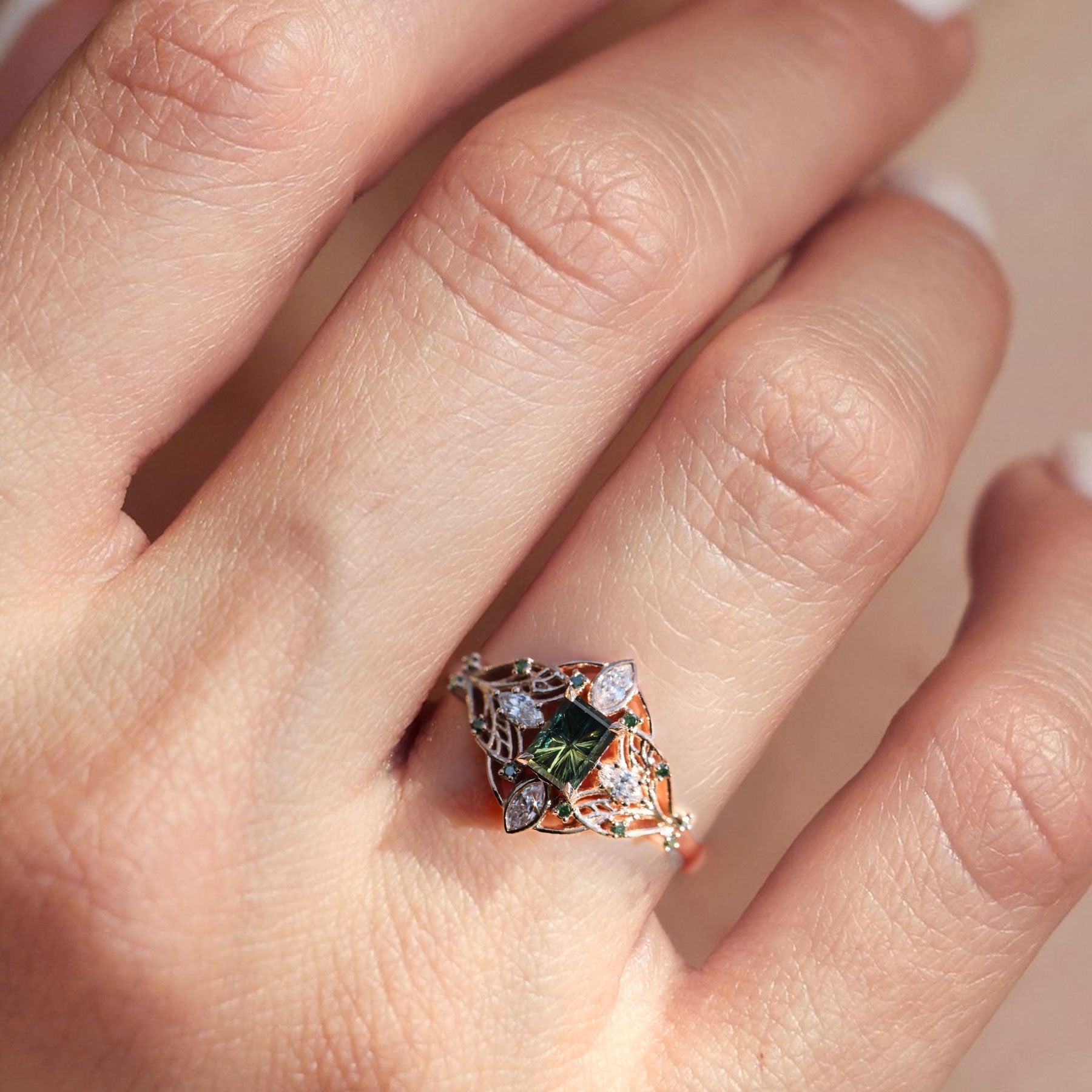 Vintage Elvindell Starlight Emerald Cut Green Lab Sapphire Cluster Ring - Orlina Jewelry