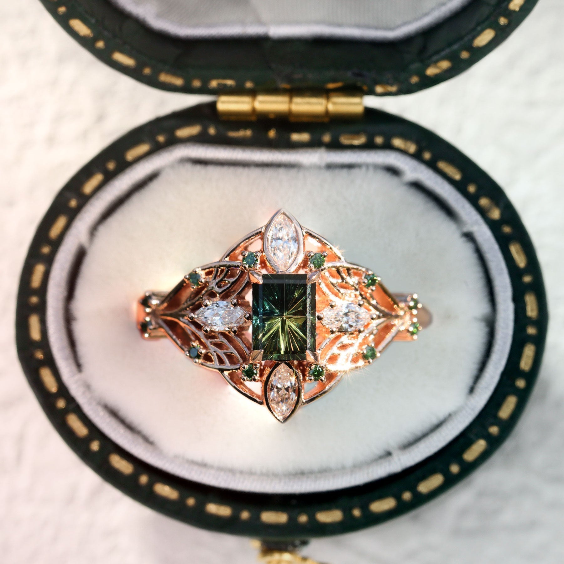 Vintage Elvindell Starlight Emerald Cut Green Lab Sapphire Cluster Ring - Orlina Jewelry