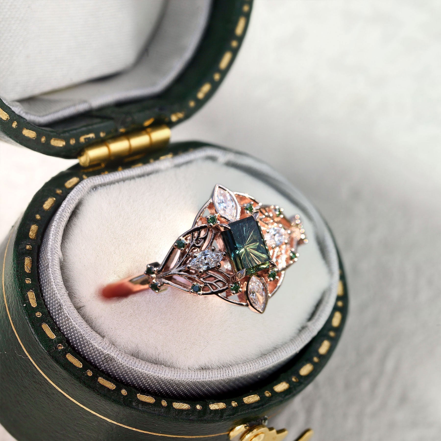 Vintage Elvindell Starlight Emerald Cut Green Lab Sapphire Cluster Ring - Orlina Jewelry