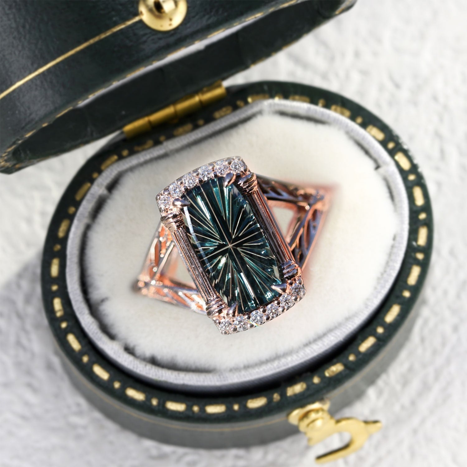Vintage Elvindell Starlight Emerald Cut Green Lab Sapphire Ring - Orlina Jewelry