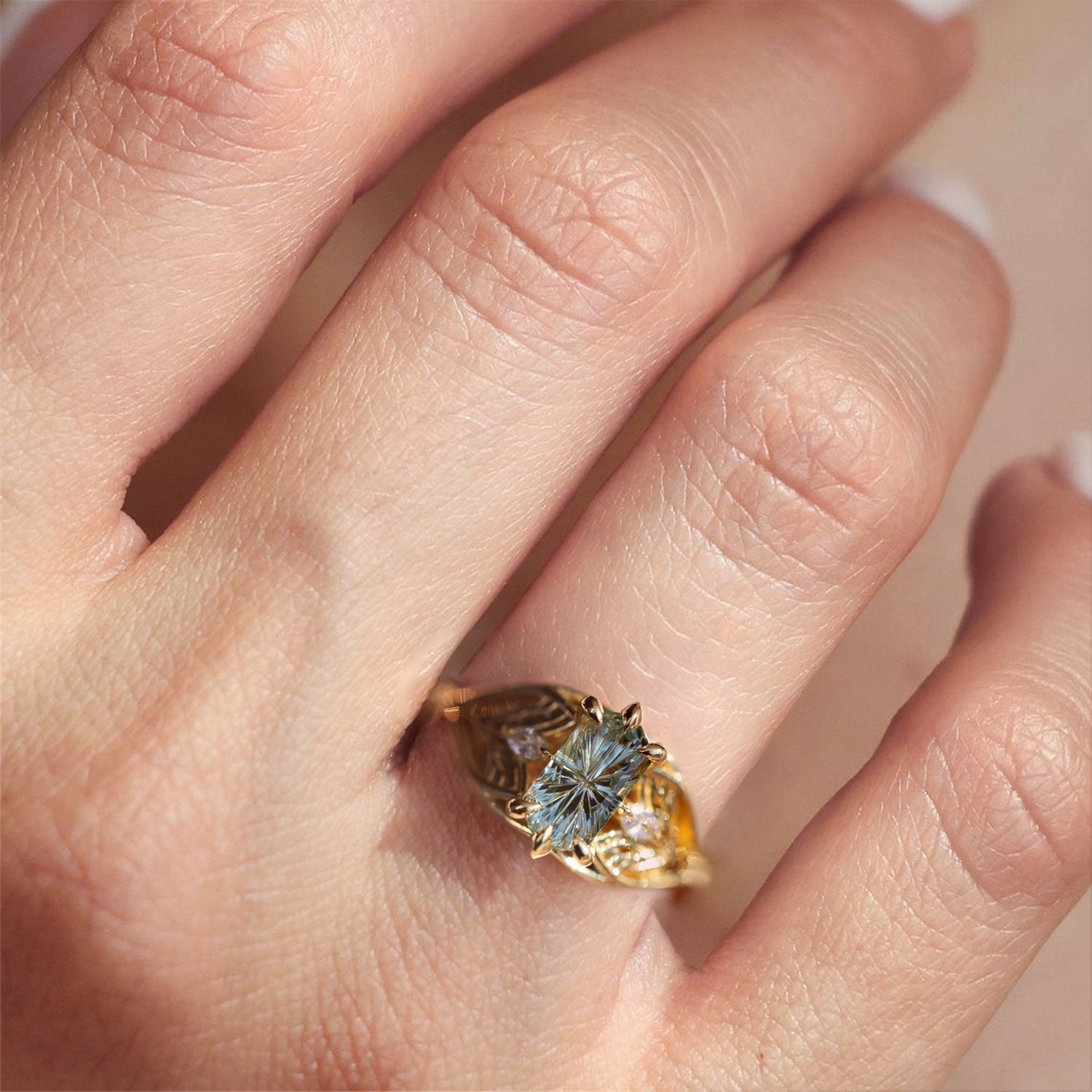 Vintage Elvindell Three Stone Hexagon Blue Lab Sapphire Ring - Orlina Jewelry