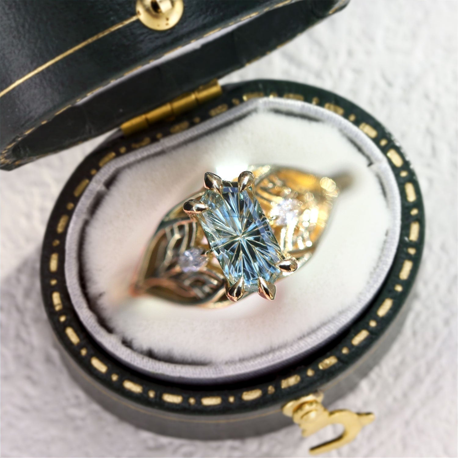 Vintage Elvindell Three Stone Hexagon Blue Lab Sapphire Ring - Orlina Jewelry
