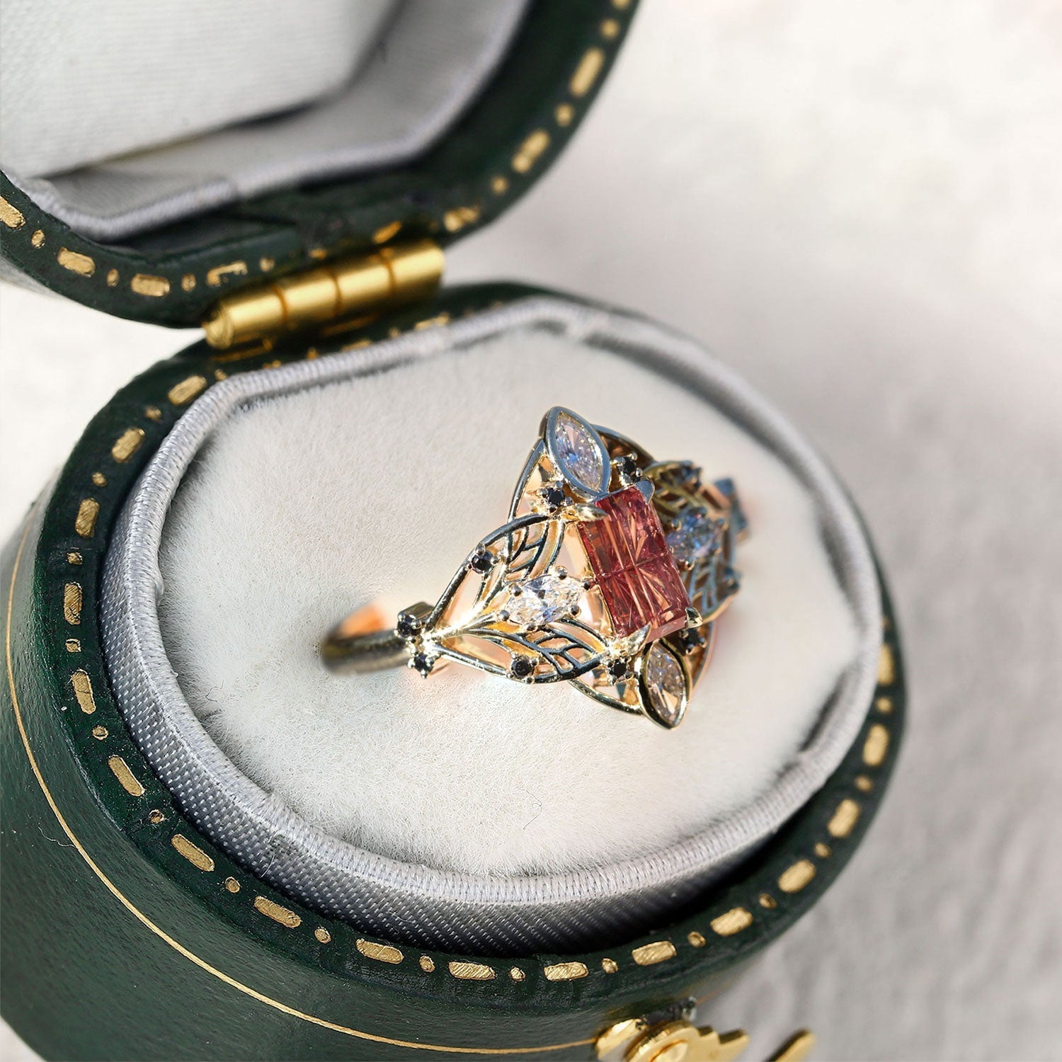 Vintage Enchanted Elvindell Starlight Emerald Cut Padparadscha Ring - Orlina Jewelry