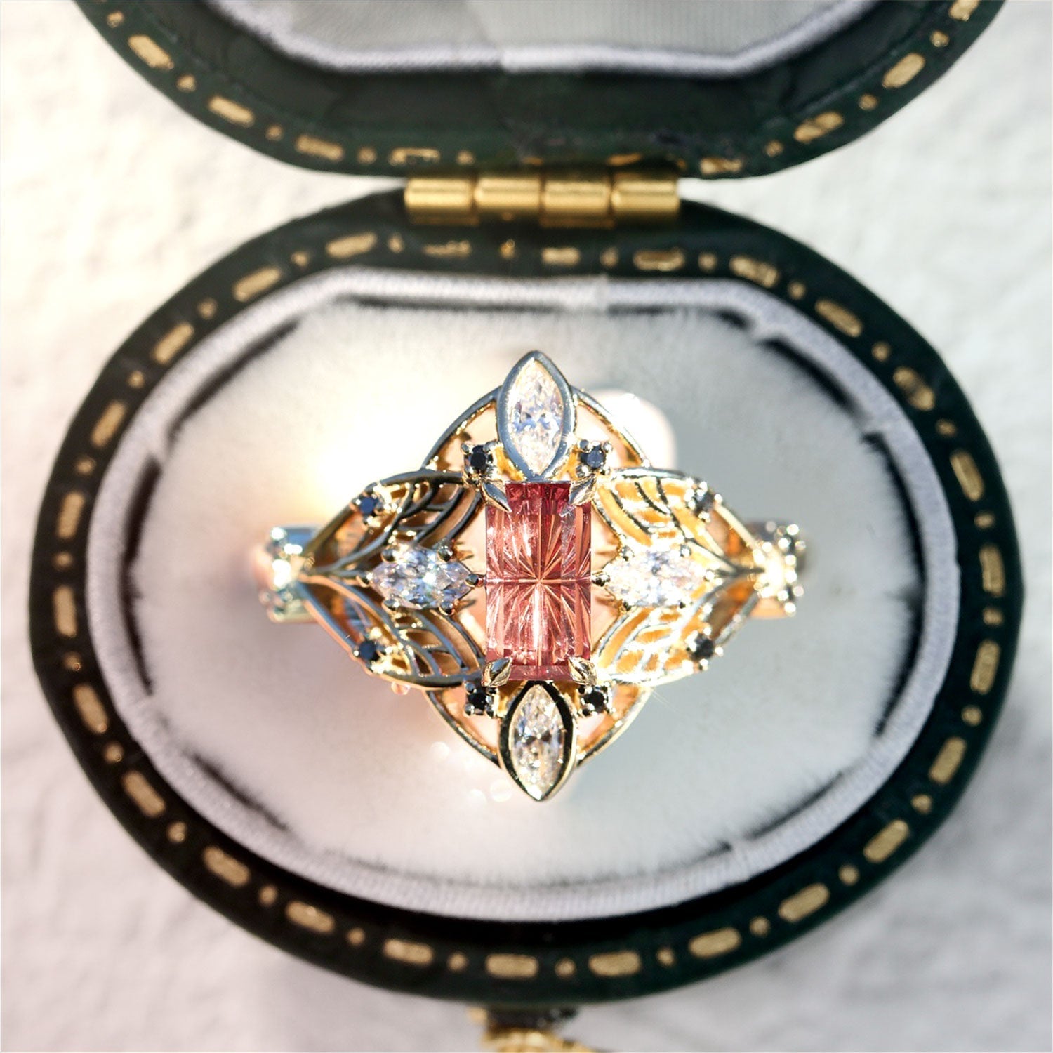 Vintage Enchanted Elvindell Starlight Emerald Cut Padparadscha Ring - Orlina Jewelry