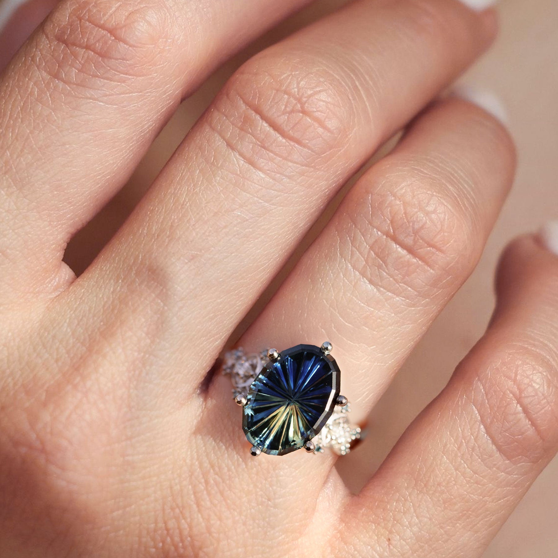 Vintage Enchanted Moon Starlight Oval Blue Lab Sapphire Ring - Orlina Jewelry