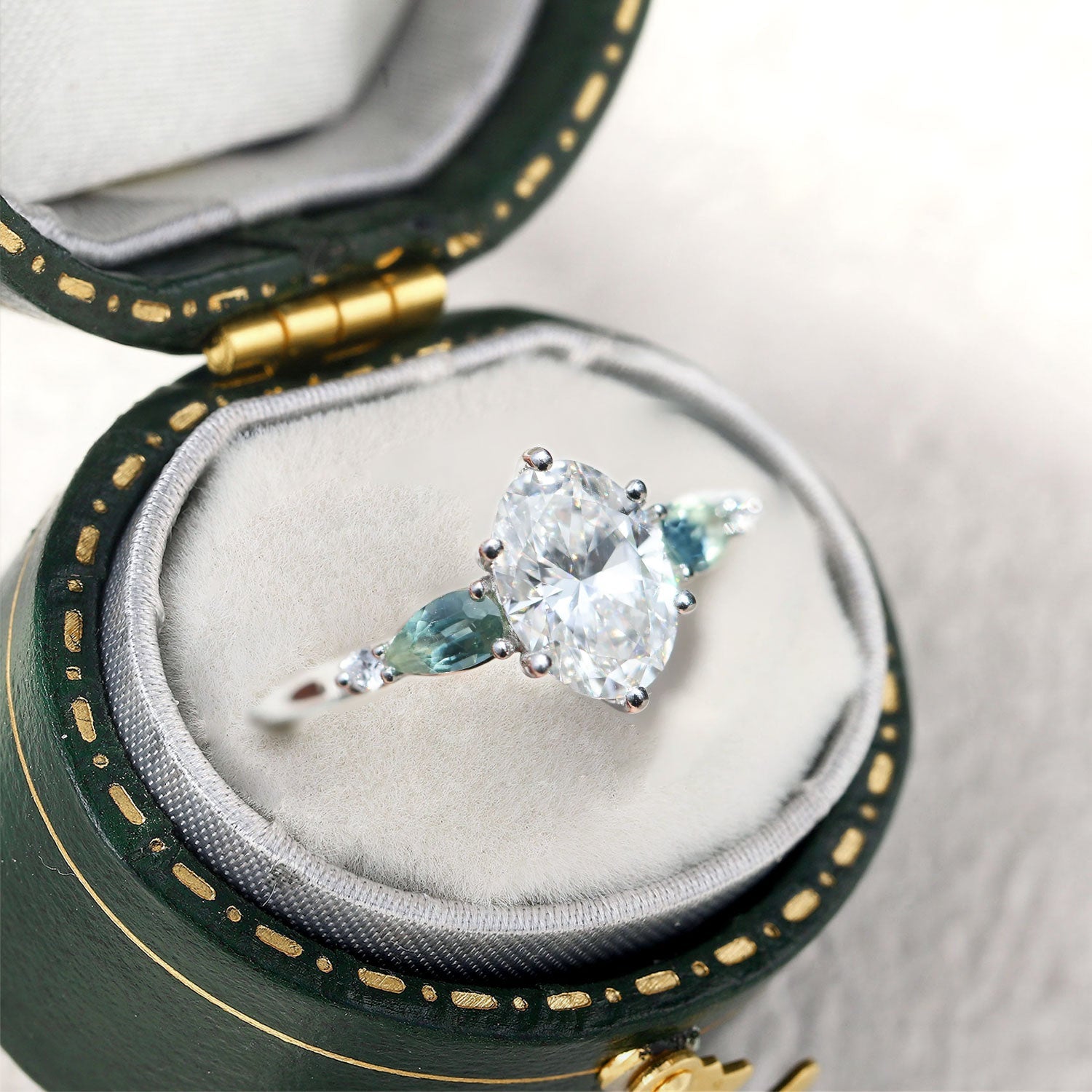 Vintage Five Stone Oval Moissanite and Teal Sapphire Engagement Ring - Orlina Jewelry