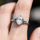 Vintage Five Stone Oval Moissanite and Teal Sapphire Engagement Ring - Orlina Jewelry