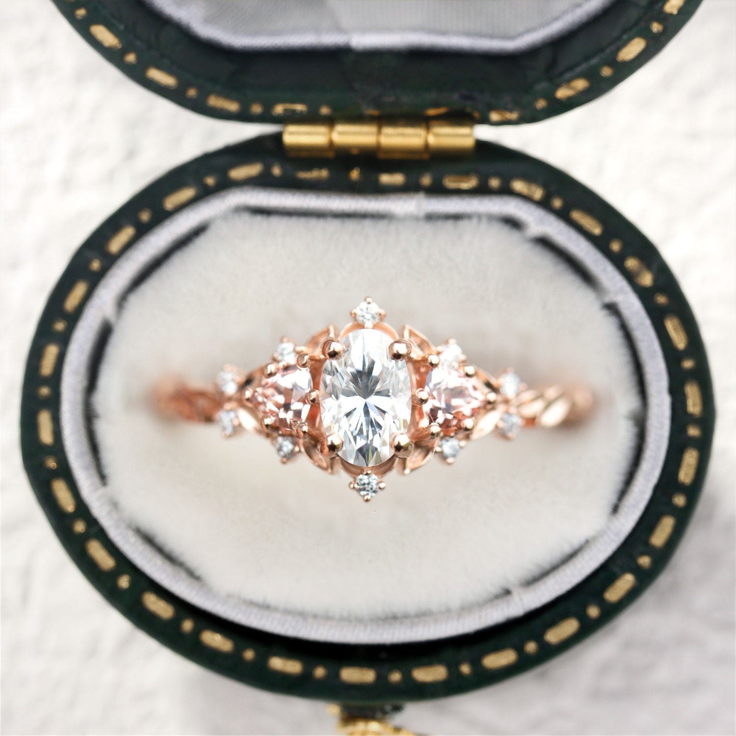 Vintage Oval Moissanite Engagement Ring with Lab Peach Sapphire - Orlina Jewelry