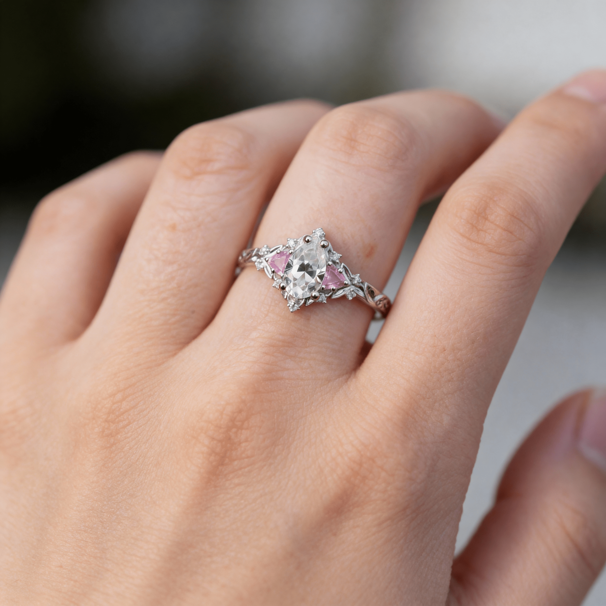 Vintage Pear Moissanite Engagement Ring with Pink Sapphire - Orlina Jewelry