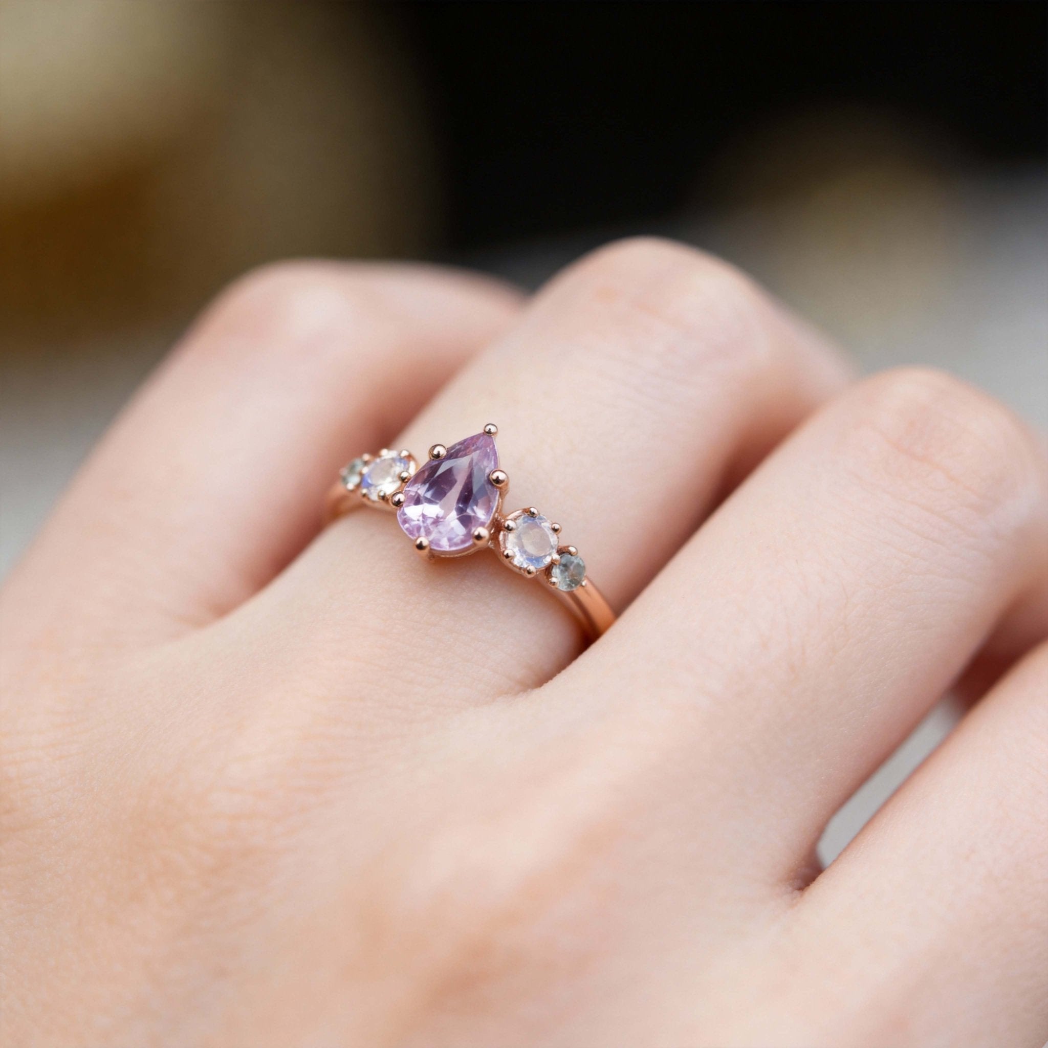 Vintage Pink Pear Sapphire and Moissanite Engagement Ring - Orlina Jewelry
