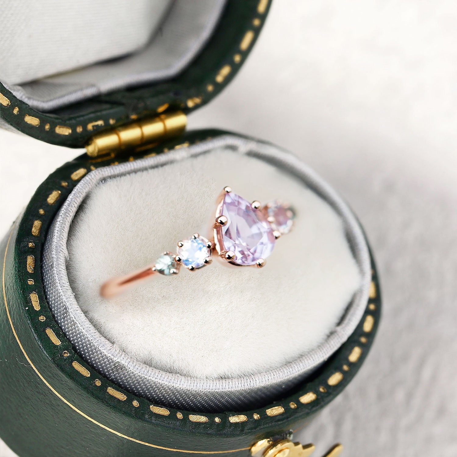 Vintage Pink Pear Sapphire and Moissanite Engagement Ring - Orlina Jewelry