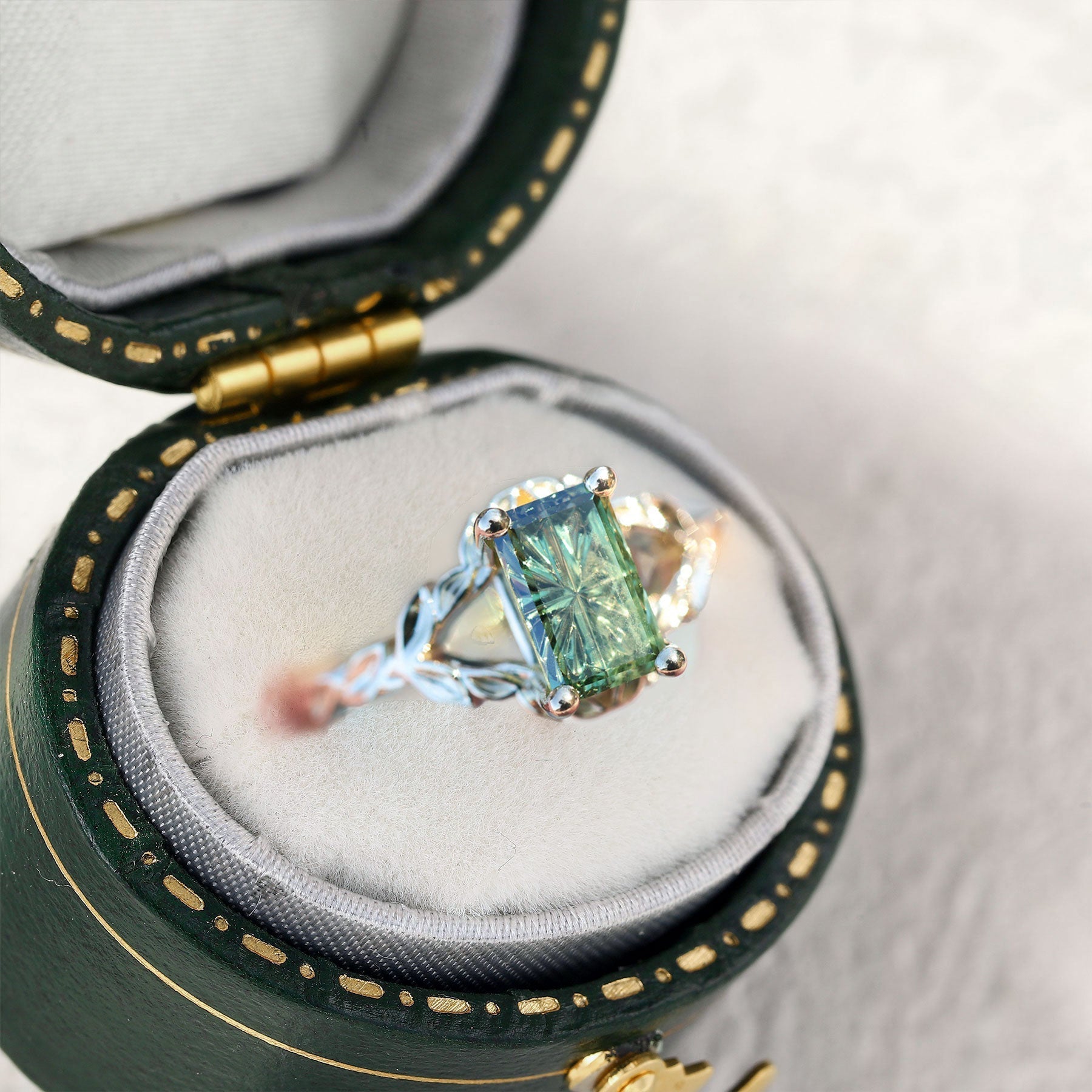 Vintage Solitaire Starlight Emerald Cut Green Lab Sapphire Ring - Orlina Jewelry