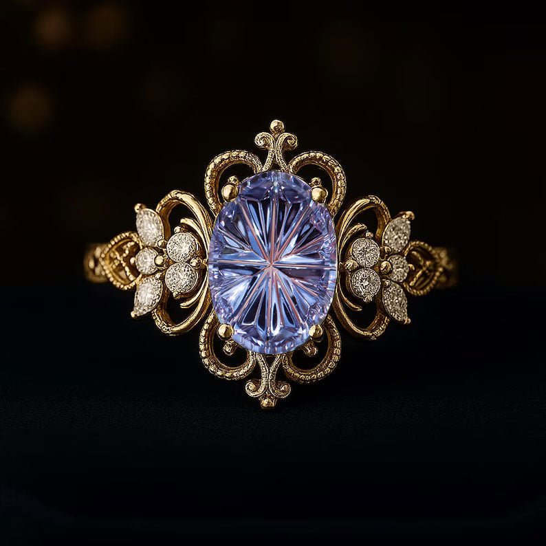 Vintage Twilight Vow Starlight Oval Purple Lab Sapphire Ring - Orlina Jewelry