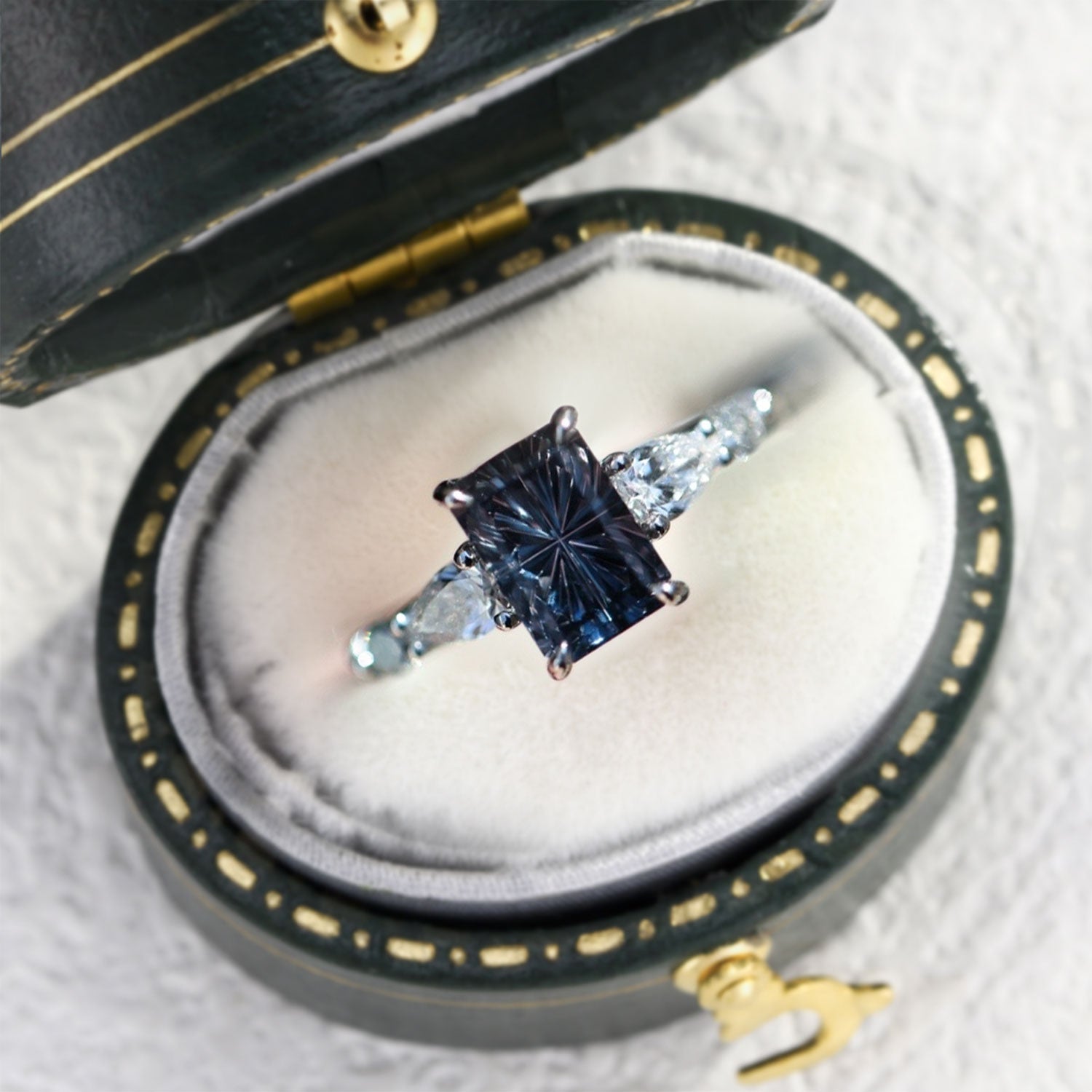 Vintage Unique Five Stone Emerald Cut Blue Lab Sapphire Ring - Orlina Jewelry