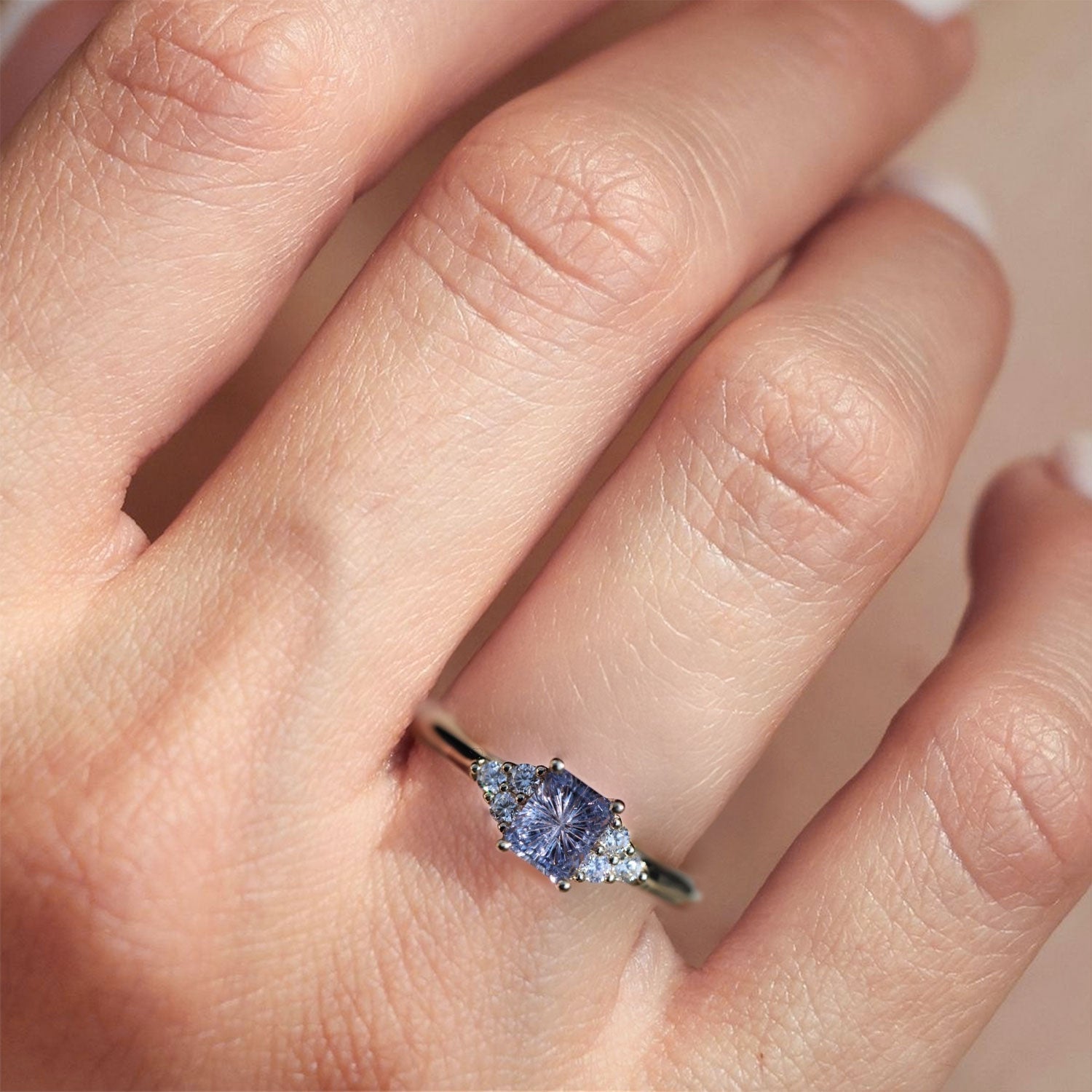 Vintage Unique Modern Cluster Emerald Cut Purple Lab Sapphire Ring - Orlina Jewelry