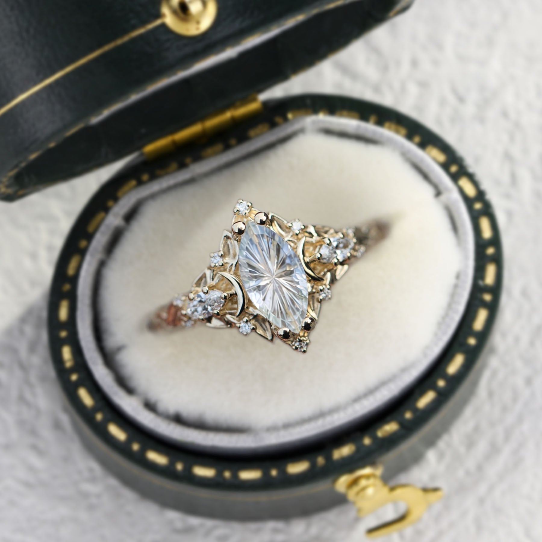 Vintage Unique Moon Starlight Marquise Lab Sapphire Ring - Orlina Jewelry