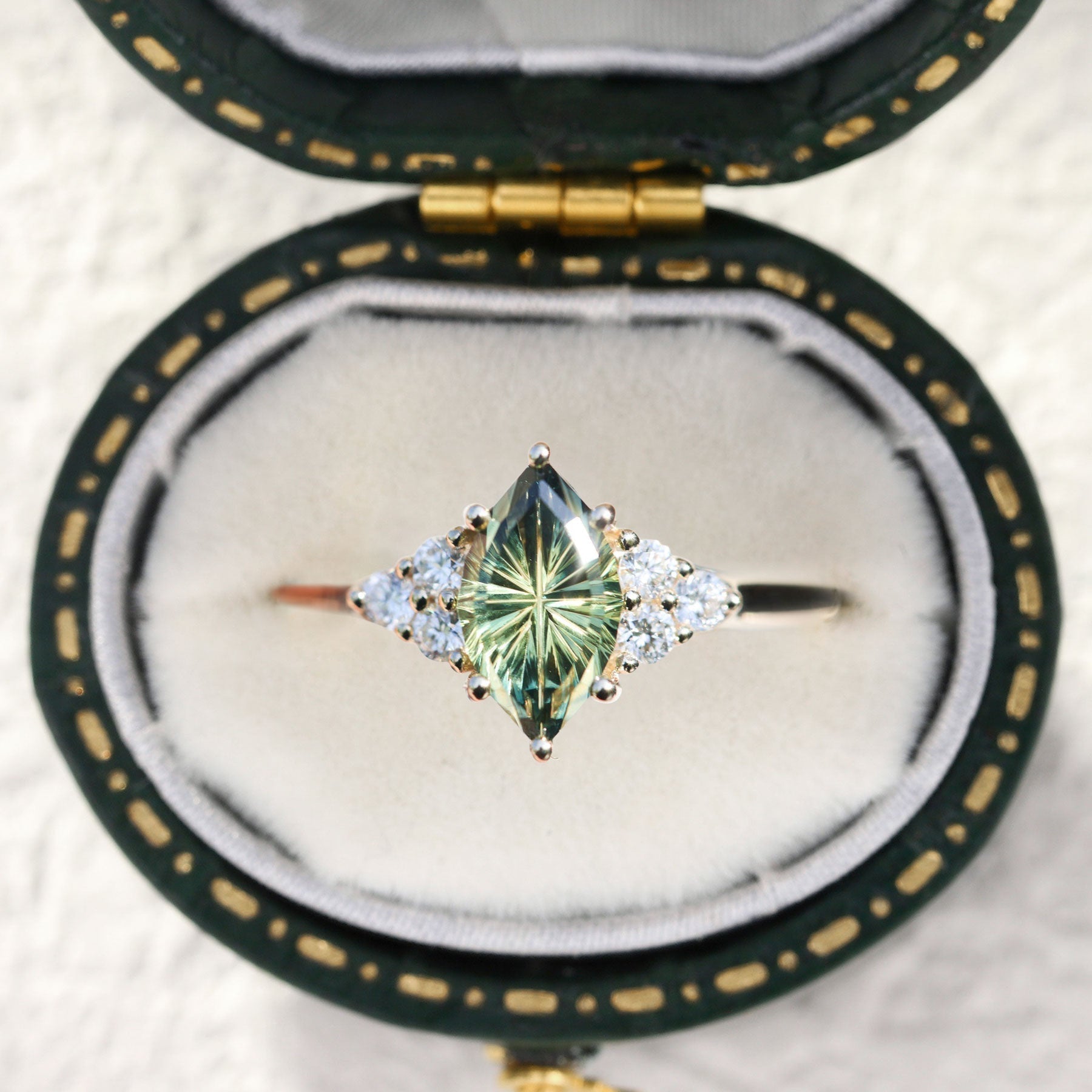 Vintage Unique Starlight Marquise Green Lab Sapphire Engagement Ring - Orlina Jewelry