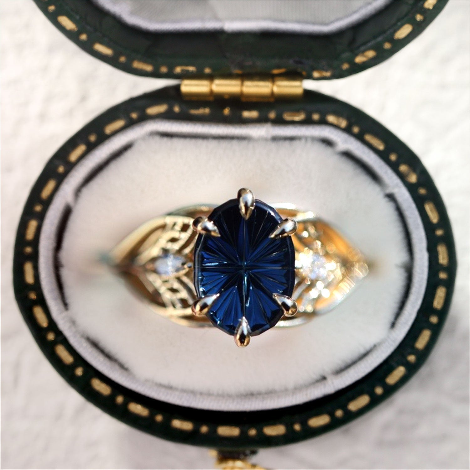 Vintage Unique Starlight Oval Blue Lab Sapphire Engagement Ring - Orlina Jewelry
