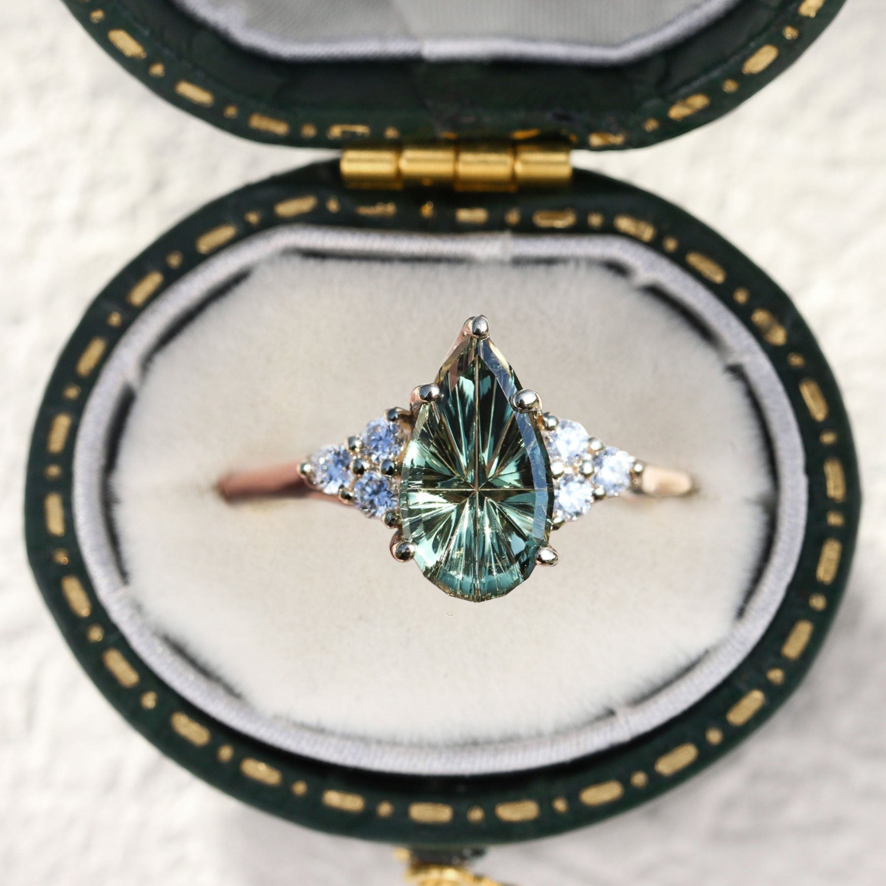 Vintage Unique Starlight Pear Green Lab Sapphire Engagement Ring - Orlina Jewelry
